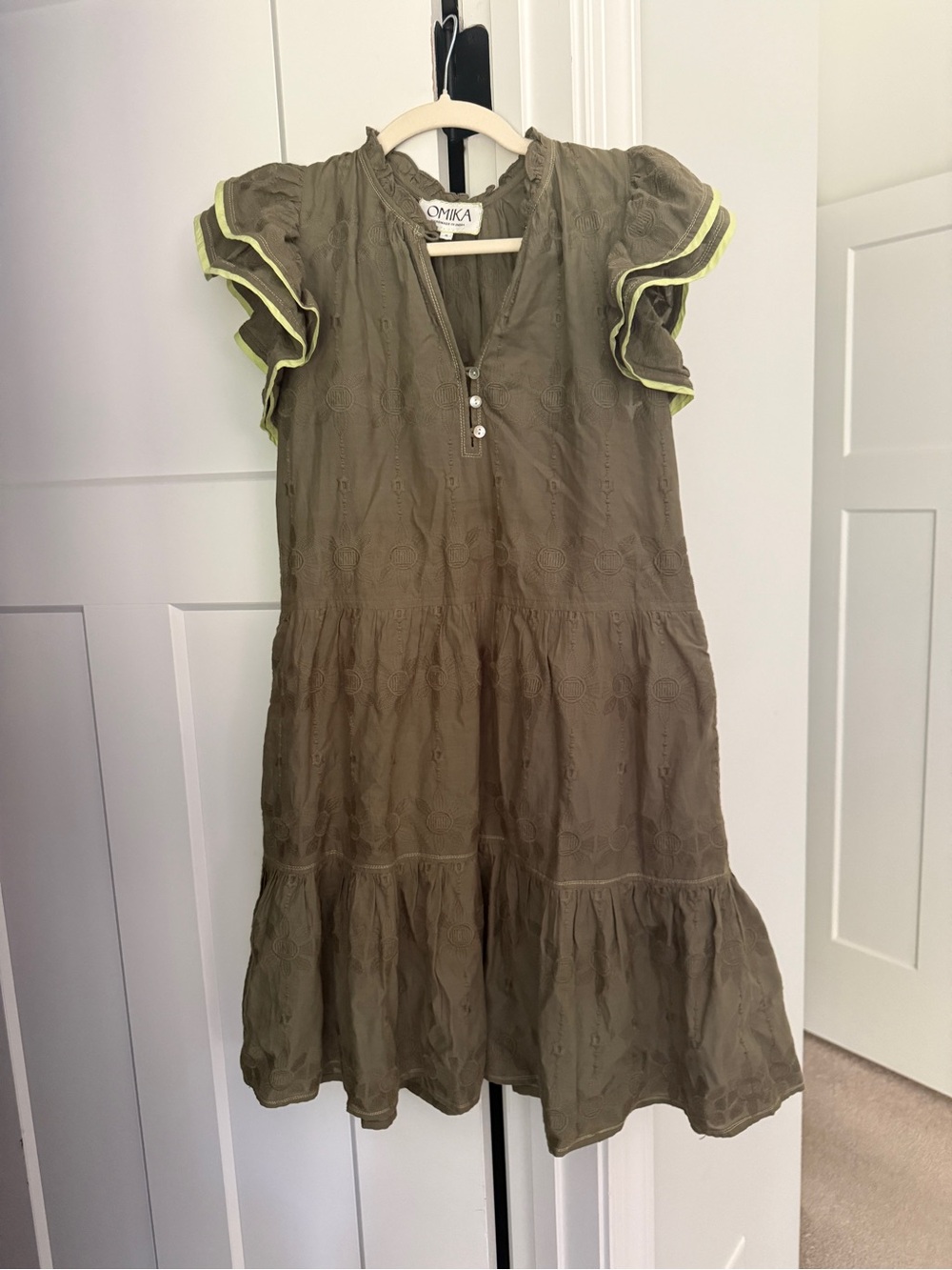 Omika green short ruffle sleeve dress